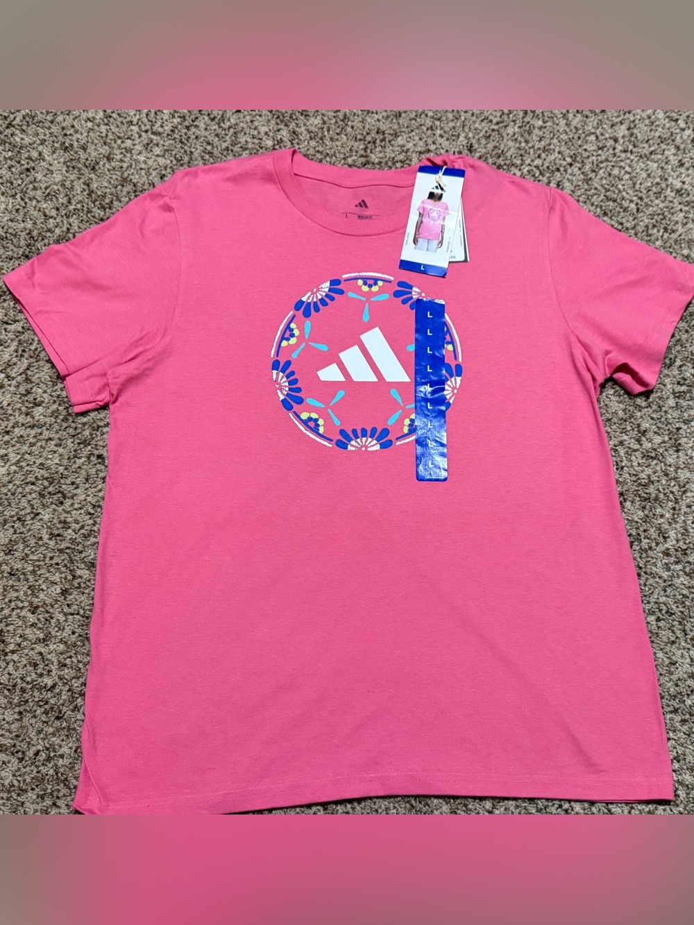 adidas Pink Short Sleeve Athletic Tee with Floral Logo Womens L NWT